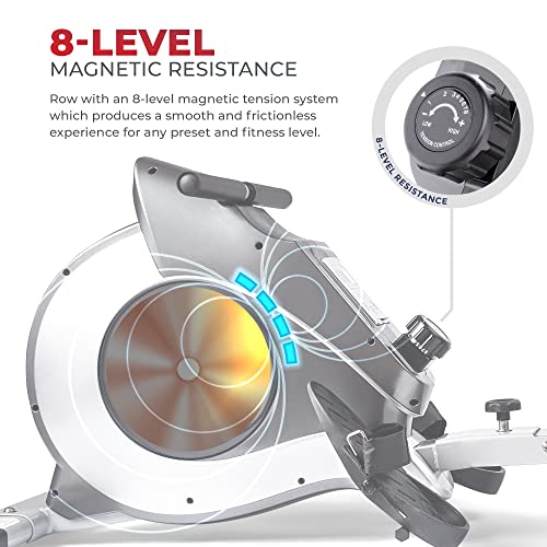 Sunny Health & Fitness Rowing Machine with Magnetic Resistance, LCD Monitor, 8-level Resistance, 1117 mm Step Length, 113 KG Max. Weight - SF-RW5515, Ergometer, Training Computer