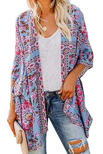 Bsubseach Loose Printed 3/4 Sleeve Kimono Cardigan