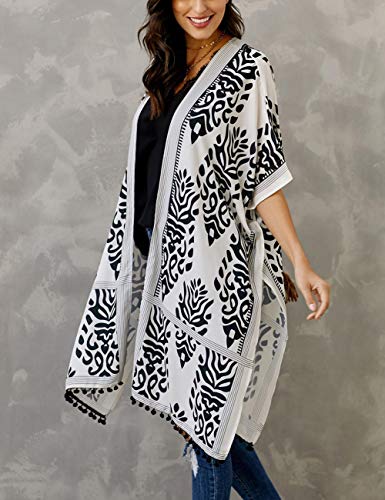 Bsubseach Pom Pom Kimono Cover Up for Bathing Suit Women Half Sleeve Cardigan Summer Bikini Beachwear Black