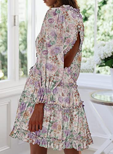 Dokotoo Women Dresses Cute Spring Boho Fall Casual Sexy Deep V Neck Ruffle Chiffon Lantern Long Sleeve Elegant Floral Printed Hawaiian Flowy Mini Short Skirt Dresses for Women Party 2022 X-Large