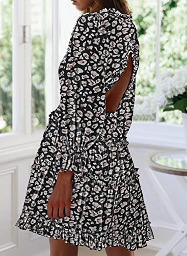 Dokotoo Women Dresses Cute Spring Boho Fall Casual Sexy Deep V Neck Ruffle Chiffon Lantern Long Sleeve Elegant Floral Printed Hawaiian Flowy Mini Short Skirt Dresses for Women Party 2022 X-Large