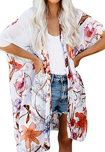 Jayscreate Women's Chiffon Kimono Cardigan Lightweight Batwing Summer Casual Sheer Swimsuit Up for Women Coverup Tops