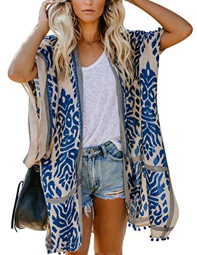 Bsubseach Loose Printed 3/4 Sleeve Kimono Cardigan