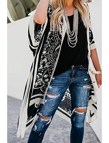 Bsubseach Loose Printed 3/4 Sleeve Kimono Cardigan