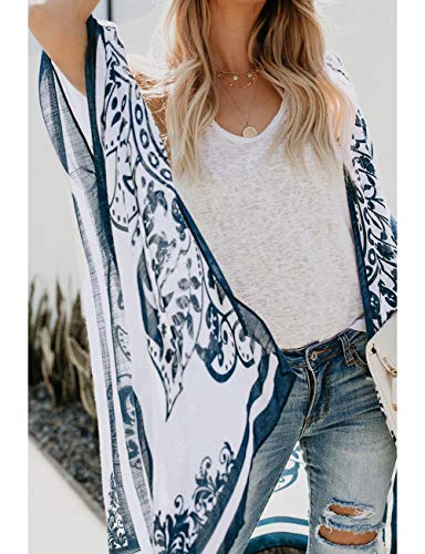 Bsubseach Loose Printed 3/4 Sleeve Kimono Cardigan