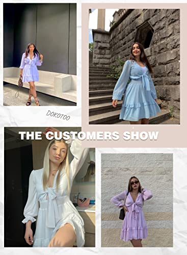 Dokotoo Women Dresses Cute Spring Boho Fall Casual Sexy Deep V Neck Ruffle Chiffon Lantern Long Sleeve Elegant Floral Printed Hawaiian Flowy Mini Short Skirt Dresses for Women Party 2022 X-Large