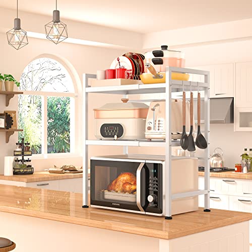 PUSDON Extendable Microwave Oven Rack, Adjustable Microwave/Toaster Shelf Heavy Duty Stand Kitchen Counter Top Organizer(L15.7~23.6" xW12.6 xH18.9), 2-Tier with 3 Hooks, 160lbs Weight Capacity, White