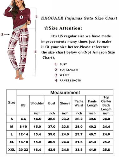 Ekouaer Women's Long Sleeve Pj Soft Crew Neck Pajama Long Sleeve Sweatshirt with Long Pants Red Plaid,Medium