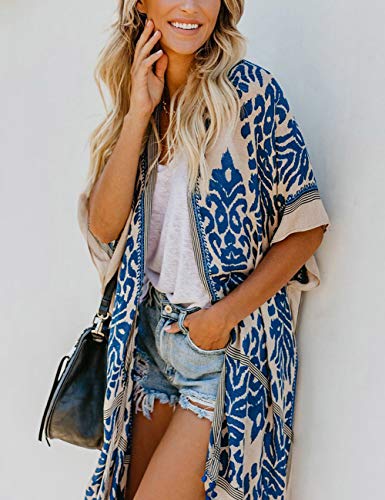 Bsubseach Loose Printed 3/4 Sleeve Kimono Cardigan