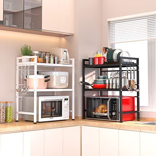 PUSDON Extendable Microwave Oven Rack, Adjustable Microwave/Toaster Shelf Heavy Duty Stand Kitchen Counter Top Organizer(L15.7~23.6" xW12.6 xH18.9), 2-Tier with 3 Hooks, 160lbs Weight Capacity, White
