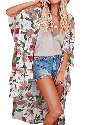 Jayscreate Women's Chiffon Kimono Cardigan Lightweight Batwing Summer Casual Sheer Swimsuit Up for Women Coverup Tops