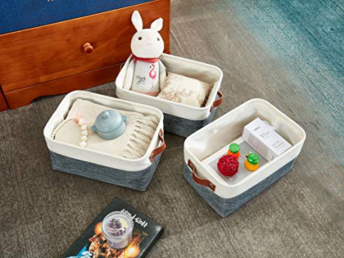 DECOMOMO Foldable Small Storage Bin | Rugged Canvas Fabric Basket Container W/ Leather Handles | Great for Organizing Closets, Offices, Nurseries and Homes (Grey and White, Small - 6 Pack)