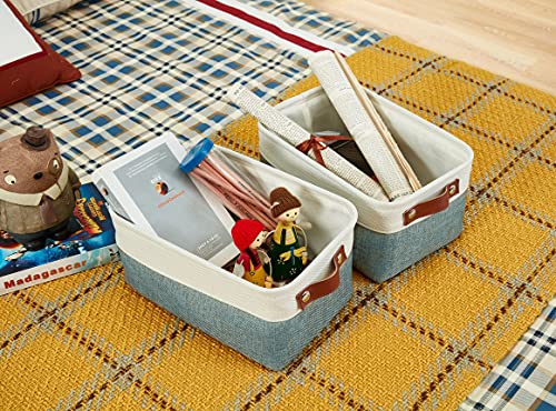 DECOMOMO Foldable Small Storage Bin | Rugged Canvas Fabric Basket Container W/ Leather Handles | Great for Organizing Closets, Offices, Nurseries and Homes (Grey and White, Small - 6 Pack)