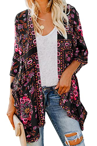 Bsubseach Loose Printed 3/4 Sleeve Kimono Cardigan