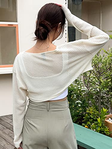 Verdusa Women's Open Front Drop Shoulder Long Sleeve Crop Cardigan Shrug Beige L