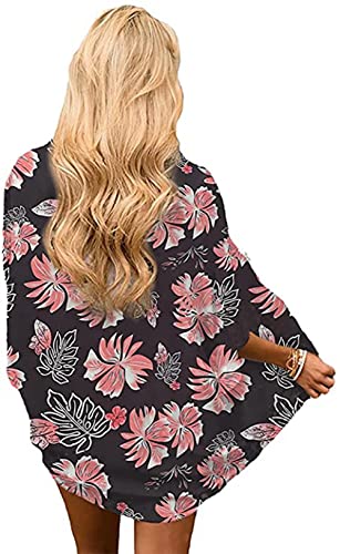 Naivikid Women's Summer Floral Print Kimonos Loose Half Sleeve Chiffon Cardigan Blouses Casual Cover Up White Red Flowers L