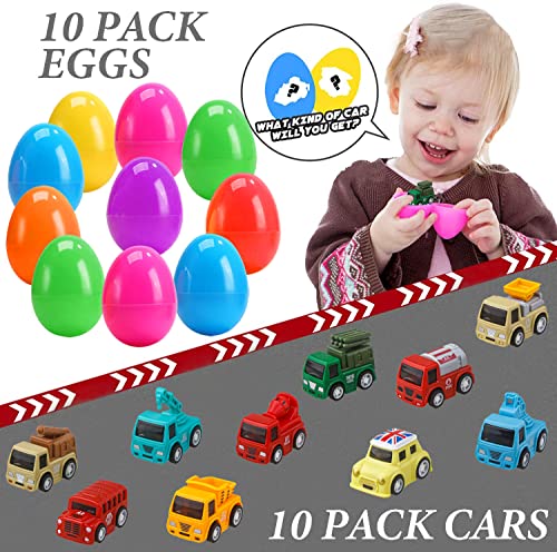 Dokeawo Easter Eggs Filled with Toys, 10Pcs Easter Eggs with 10Pcs Mini Pull-back Car Toys for Easter Egg Hunt, Easter Gifts for Kids, Easter Basket Stuffers for Kids