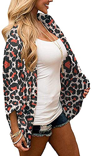 Naivikid Women's Summer Floral Print Kimonos Loose Half Sleeve Chiffon Cardigan Blouses Casual Cover Up White Red Flowers L