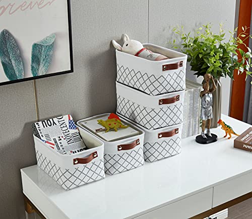 DECOMOMO Foldable Small Storage Bin | Rugged Canvas Fabric Basket Container W/ Leather Handles | Great for Organizing Closets, Offices, Nurseries and Homes (Grey and White, Small - 6 Pack)