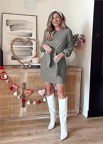 PRETTYGARDEN Women’s Elegant Long Lantern Sleeve Short Dress Crewneck Tie Waist Knit Cocktail Dress Dark Green