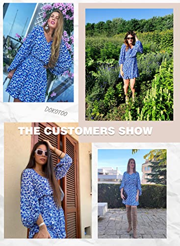 Dokotoo Women Dresses Cute Spring Boho Fall Casual Sexy Deep V Neck Ruffle Chiffon Lantern Long Sleeve Elegant Floral Printed Hawaiian Flowy Mini Short Skirt Dresses for Women Party 2022 X-Large