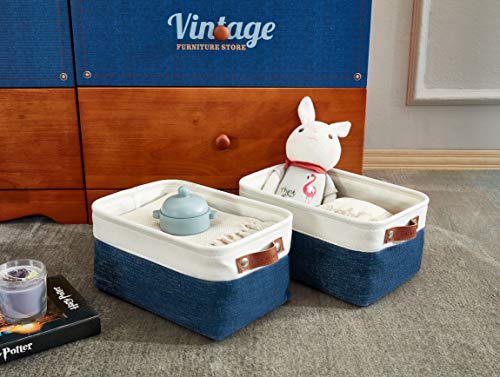 DECOMOMO Foldable Small Storage Bin | Rugged Canvas Fabric Basket Container W/ Leather Handles | Great for Organizing Closets, Offices, Nurseries and Homes (Grey and White, Small - 6 Pack)