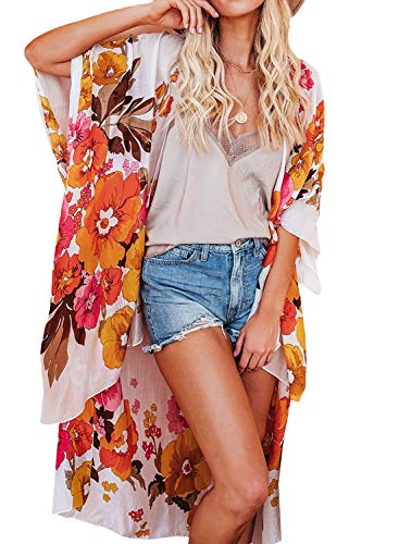Jayscreate Women's Chiffon Kimono Cardigan Lightweight Batwing Summer Casual Sheer Swimsuit Up for Women Coverup Tops