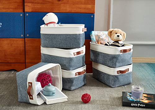DECOMOMO Foldable Small Storage Bin | Rugged Canvas Fabric Basket Container W/ Leather Handles | Great for Organizing Closets, Offices, Nurseries and Homes (Grey and White, Small - 6 Pack)
