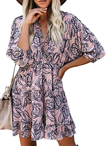 Dokotoo Women Dresses Cute Spring Boho Fall Casual Sexy Deep V Neck Ruffle Chiffon Lantern Long Sleeve Elegant Floral Printed Hawaiian Flowy Mini Short Skirt Dresses for Women Party 2022 X-Large