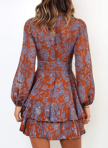 Dokotoo Women Dresses Cute Spring Boho Fall Casual Sexy Deep V Neck Ruffle Chiffon Lantern Long Sleeve Elegant Floral Printed Hawaiian Flowy Mini Short Skirt Dresses for Women Party 2022 X-Large