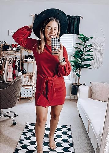 PRETTYGARDEN Women’s Elegant Long Lantern Sleeve Short Dress Crewneck Tie Waist Knit Cocktail Dress Dark Green