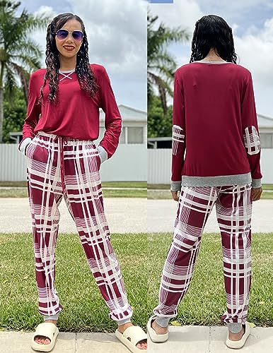 Ekouaer Women's Long Sleeve Pj Soft Crew Neck Pajama Long Sleeve Sweatshirt with Long Pants Red Plaid,Medium
