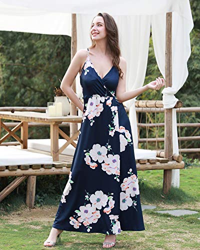 II ININ Women's Deep V-Neck Casual Dress Summer Backless Floral Print Split Maxi Dress for Beach Party(Navy,L)