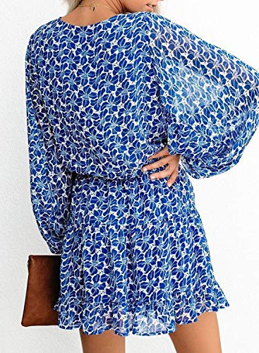 Dokotoo Women Dresses Cute Spring Boho Fall Casual Sexy Deep V Neck Ruffle Chiffon Lantern Long Sleeve Elegant Floral Printed Hawaiian Flowy Mini Short Skirt Dresses for Women Party 2022 X-Large
