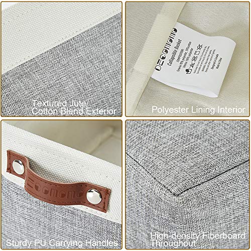 DECOMOMO Foldable Small Storage Bin | Rugged Canvas Fabric Basket Container W/ Leather Handles | Great for Organizing Closets, Offices, Nurseries and Homes (Grey and White, Small - 6 Pack)