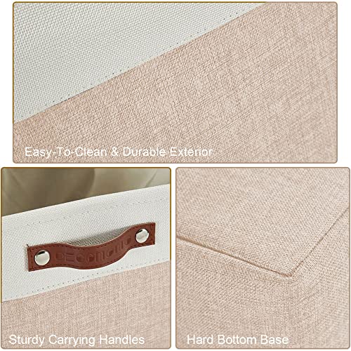 DECOMOMO Foldable Small Storage Bin | Rugged Canvas Fabric Basket Container W/ Leather Handles | Great for Organizing Closets, Offices, Nurseries and Homes (Grey and White, Small - 6 Pack)
