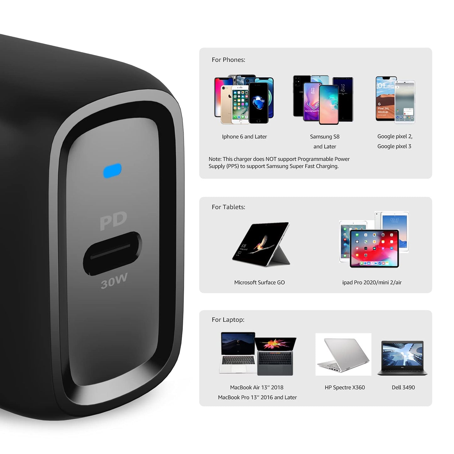 Amazon Basics 30W One-Port GaN USB-C Wall Charger with Power Delivery PD for Tablets & Phones (iPhone 14/13/12/11/X,iPad,Samsung)-White (non-PPS)