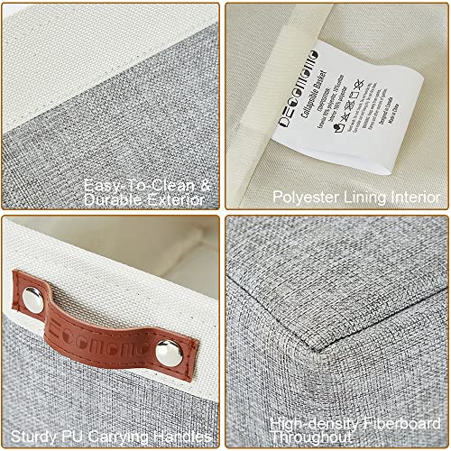 DECOMOMO Foldable Small Storage Bin | Rugged Canvas Fabric Basket Container W/ Leather Handles | Great for Organizing Closets, Offices, Nurseries and Homes (Grey and White, Small - 6 Pack)