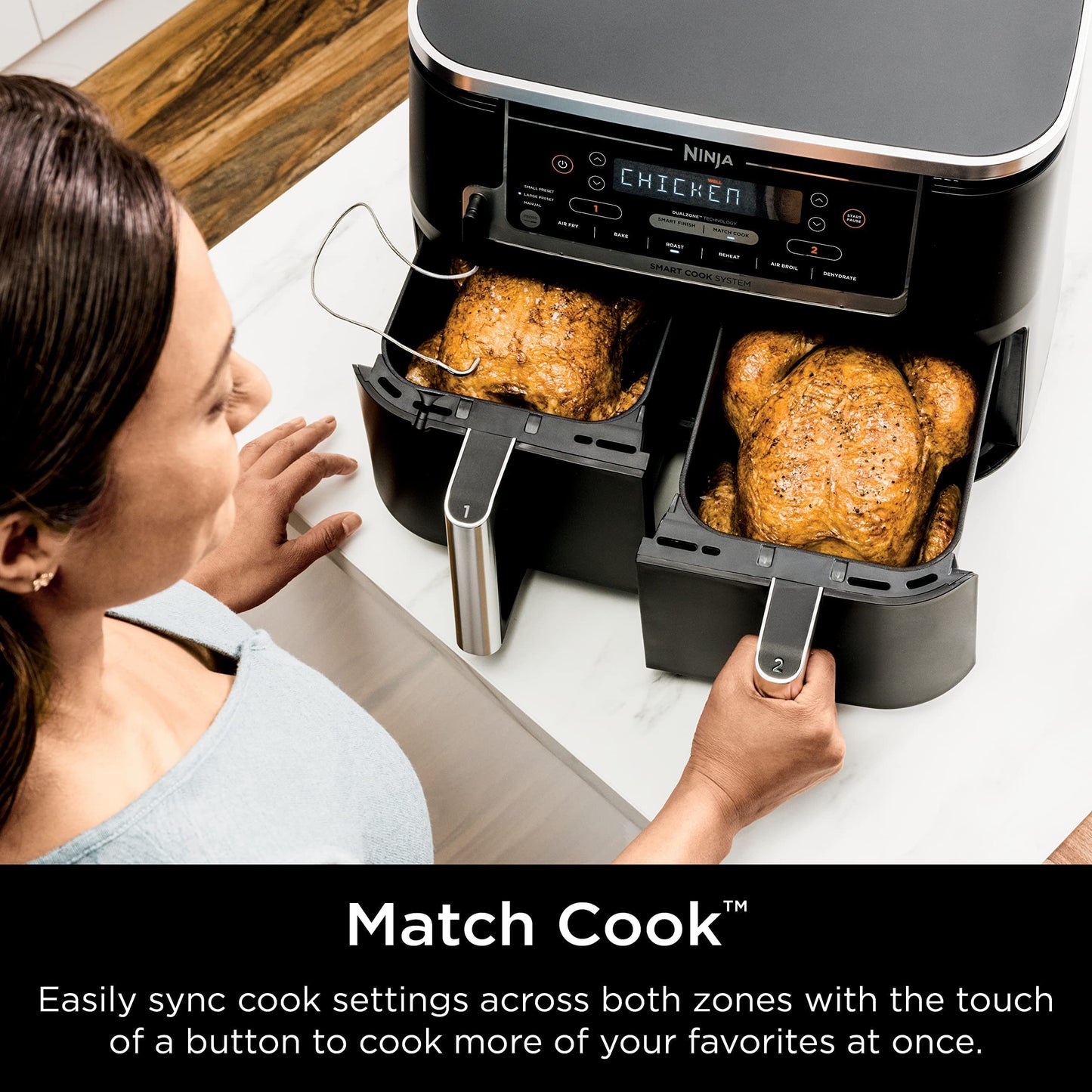 Ninja Foodi 6-in-1 8-qt. (7.6L) 2-Basket Air Fryer DualZone Technology, Match Cook & Smart Finish to Roast, Broil, Dehydrate & More for Quick, Easy Meals, Slate Grey (DZ201C) Canadian Version