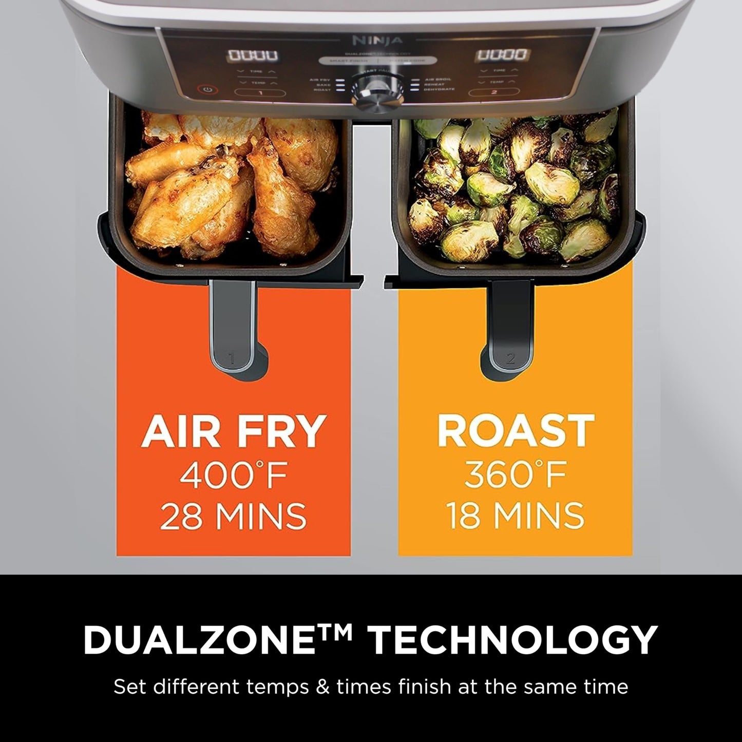 Ninja Foodi 6-in-1 8-qt. (7.6L) 2-Basket Air Fryer DualZone Technology, Match Cook & Smart Finish to Roast, Broil, Dehydrate & More for Quick, Easy Meals, Slate Grey (DZ201C) Canadian Version
