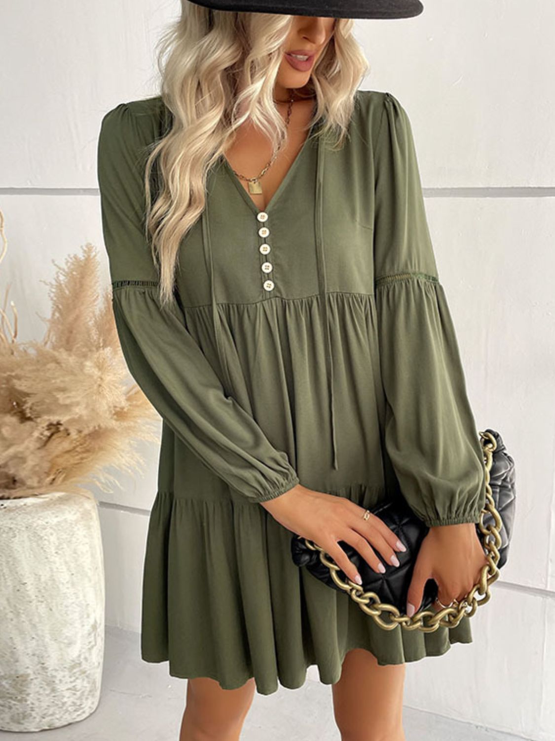 Buttoned Puff Sleeve Tiered Dress