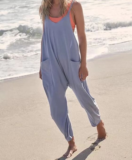 Summer Women's Loose Sleeveless Jumpsuits Spaghetti Strap Stretchy Long Pant Romper Jumpsuit With Pockets Zipper